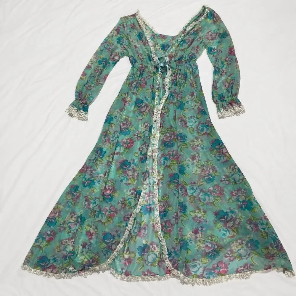 Vintage 1970s Floral Sheer Chiffon Lace Peignoir Dressing Gown Maxi Robe